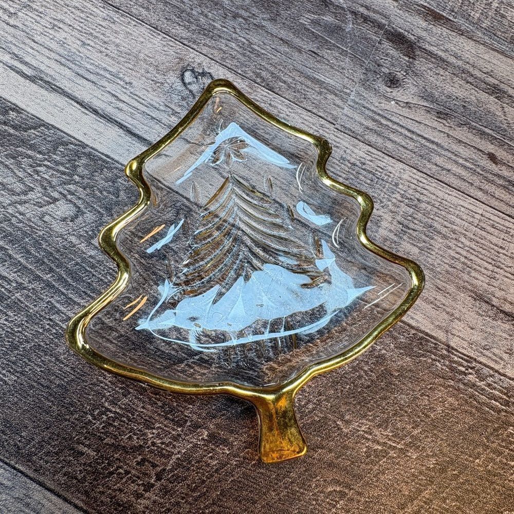 Vintage Clear Glass Gold Rim Christmas Tree Dish Holiday Decor
